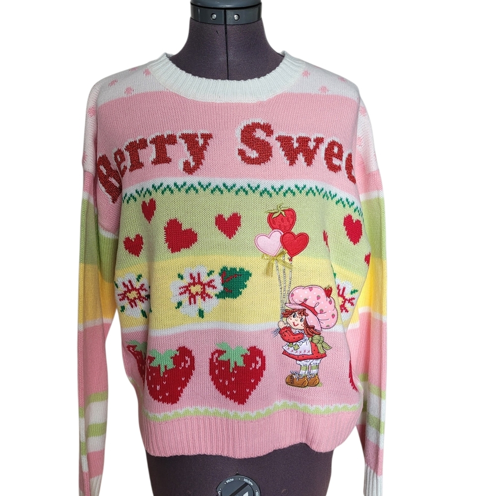 Strawberry Shortcake Hearts Embroidery Berry Sweet Women's Knit Sweater 80s